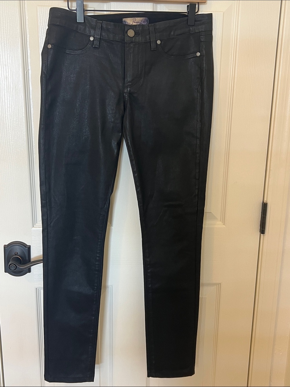PAIGE Pandora Peg Skinny Luxe Black Coated Skinny Jeans Pants Like New Hoxten - Picture 3 of 13